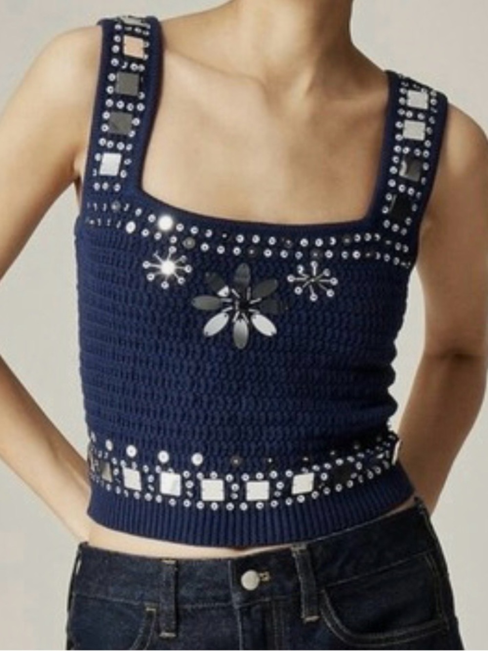 J.Crew Embellished Mirrors Cropped Knit Sleeveless Cotton Sweater Tank Navy Sz S